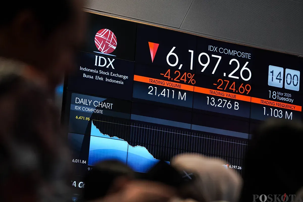 Tampilan layar yang menayangkan informasi pergerakan Indeks Harga Saham Gabungan (IHSG) di Gedung Bursa Efek Indonesia, Jakarta, Selasa, 18 Maret 2025. (Sumber: Poskoata/ Bilal Nugraha Ginanjar)