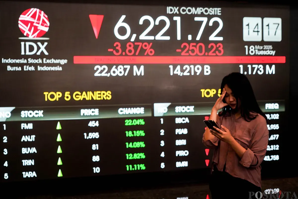 Tampilan layar yang menayangkan informasi pergerakan Indeks Harga Saham Gabungan (IHSG) di Gedung Bursa Efek Indonesia, Jakarta, Selasa, 18 Maret 2025. (Sumber: Poskoata/ Bilal Nugraha Ginanjar)