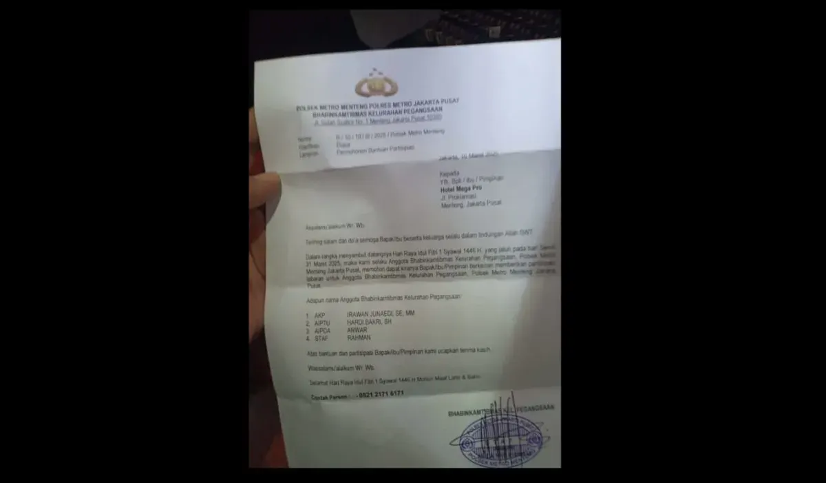 Viral beredar surat permohonan bantuan THR untuk anggota Polsek Metro Menteng Jakarta Pusat kepada para pengusaha. (Sumber: Capture thread oposan.62)
