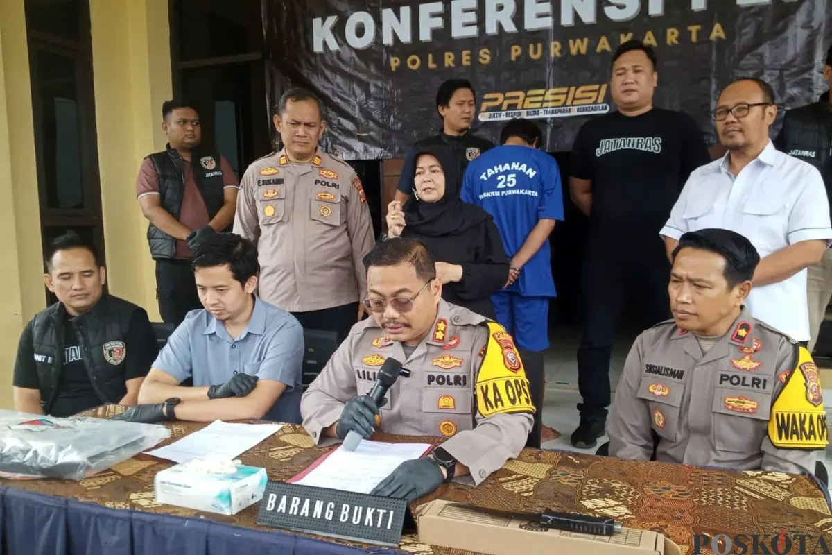 Gelar perkara pembunuhan mantan Ketua LSM di Purwakarta, di Mapolres Purwakarta, Selasa, 25 Maret 2025. (Sumber: Poskota/Dadan Sukmana)