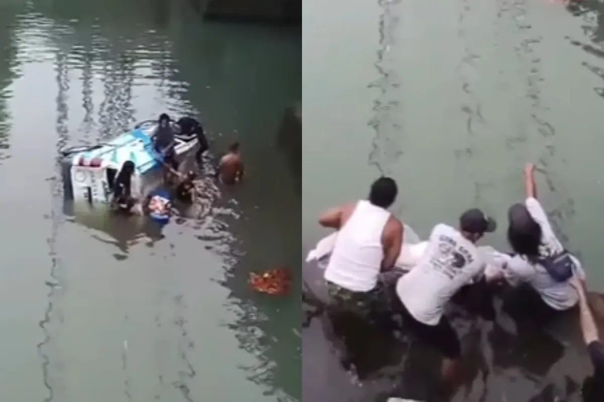 Ambulans pengantar jenazah jatuh ke dalam sungai di Bali. Warga bergotong royong untuk mengevakuasi. (Sumber: Tangkap Layar Instagram/@fakta.beriita)