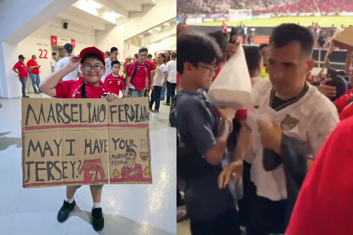 Momen seorang bapak-bapak merebut jersey Marselino Ferdinan dari seorang bocah saat nonton pertandingan Indonesia vs Bahrain. (Sumber: Tangkap Layar X/@MafiaWasit)
