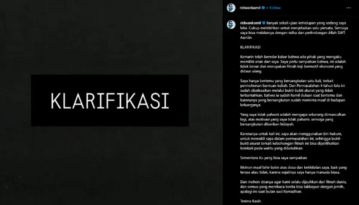 Klarifikasi Ridwan Kamil atas tuduhan isu perselingkuhan. (Sumber: Instagram/@ridwankamil)