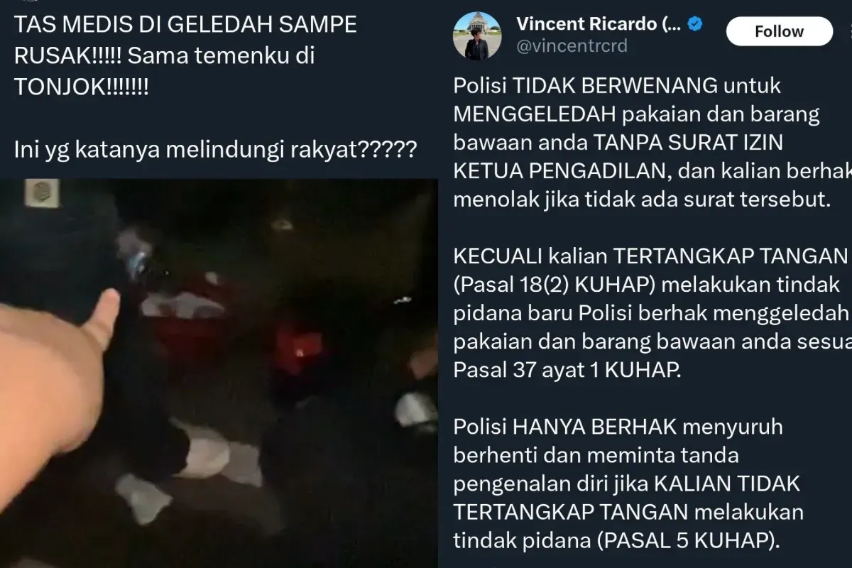 Tas tim medis akan tolak UU TNI dan RUU Polri digeledah polisi di Jakarta (Sumber: X/@vincentrcrd dan @kootummy)