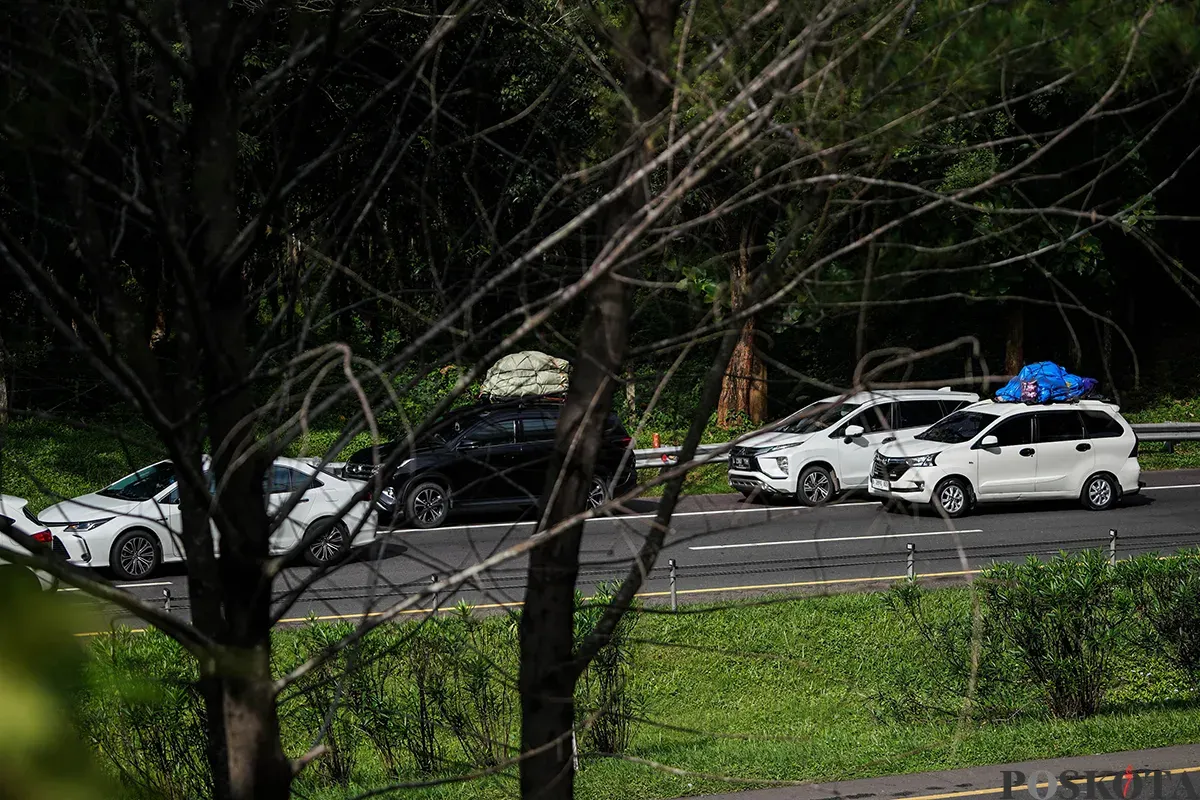 Deretan kendaraan yang didominasi mobil milik pribadi melintas di Tol Cikopo-Palimanan (Cipali), Subang, Jawa Barat, saat arus mudik H-2 Lebaran 2025, pada Sabtu 29 Maret 2025. (Sumber: Poskoata/ Bilal Nugraha Ginanjar)