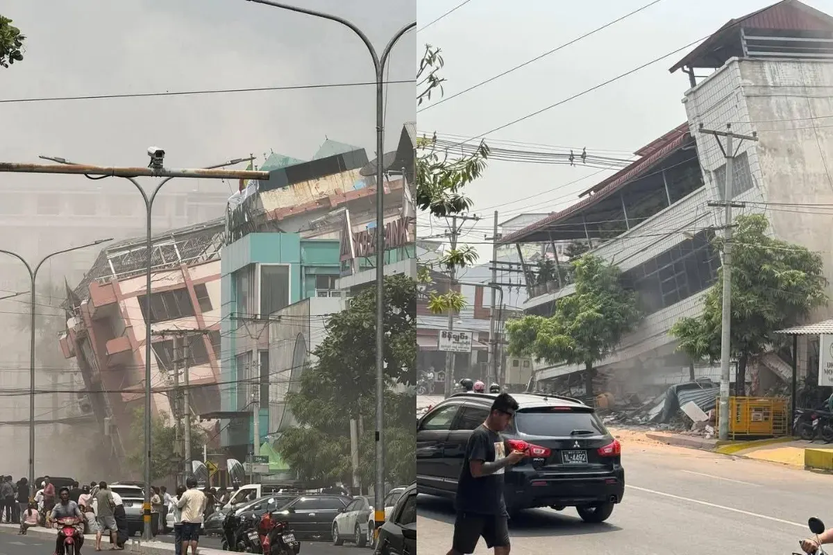 Beberapa gedung yang runtuh akibat gempa Myanmar hingga mengakibatkan puluhan orang tewas. (Sumber: X/@irene_makarenko)