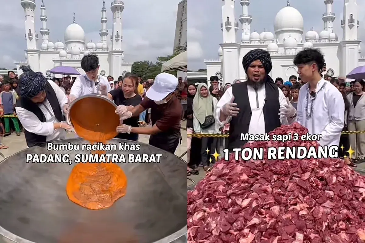 Momen Willie Salim dan Ustadz Derry memasak rendang sebanyak 1 ton daging di Depok. (Sumber: Tangkap Layar TikTok/@williesalim)