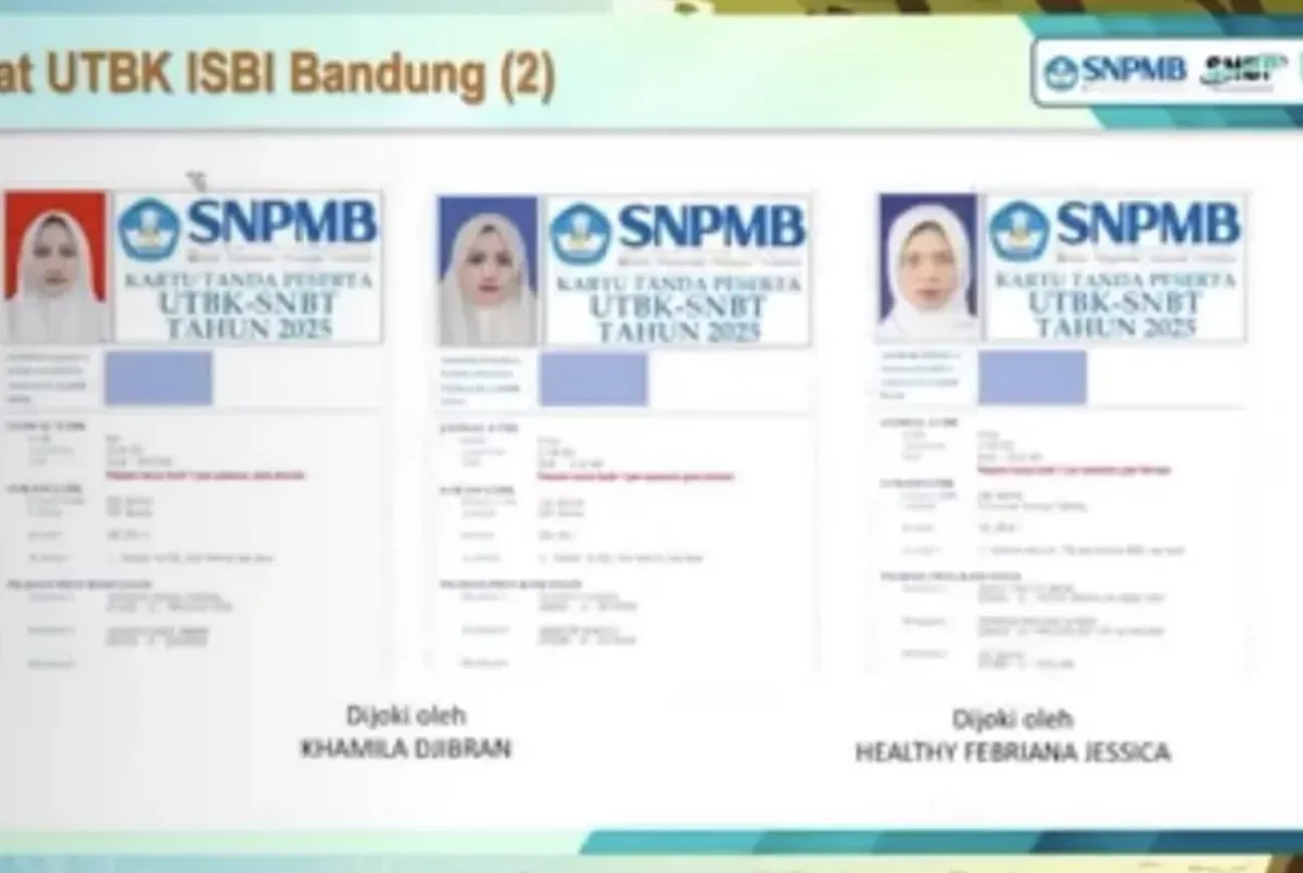 Beberapa kartu peserta UTBK 2025 dengan wajah serupa namun identitas berbeda viral di media sosial, memicu dugaan praktik joki seleksi perguruan tinggi. (Sumber: X/@jongufisip)