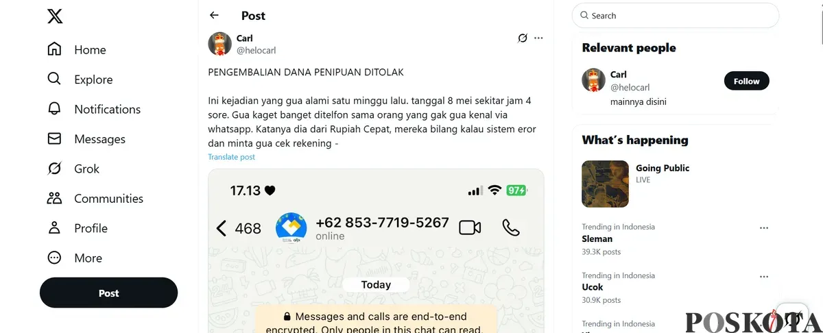 Unggahan viral dugaan penyalahgunaan data pribadi aplikasi pinjol Rupiah cepat. (Sumber: X/helocarl)