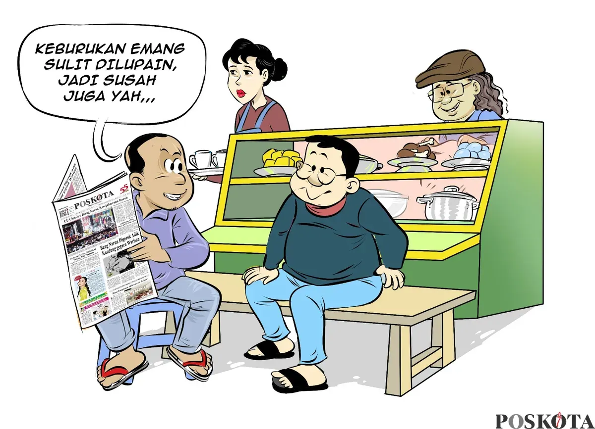 Ilustrasi obrolan warteg tentang sulitnya melupakan keburukan masa lalu, menggambarkan tema “Obrolan Warteg: Jangan Terjebak Perbedaan Masa Lalu.” (Sumber: Poskota/Arif Setiadi)