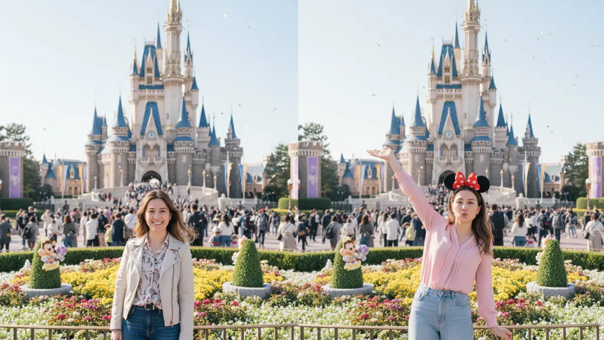 Hasil foto AI bertema liburan di Disneyland dengan latar Cinderella Castle, dibuat menggunakan prompt detail pada Gemini AI. (Sumber: Dok/Gemini AI)