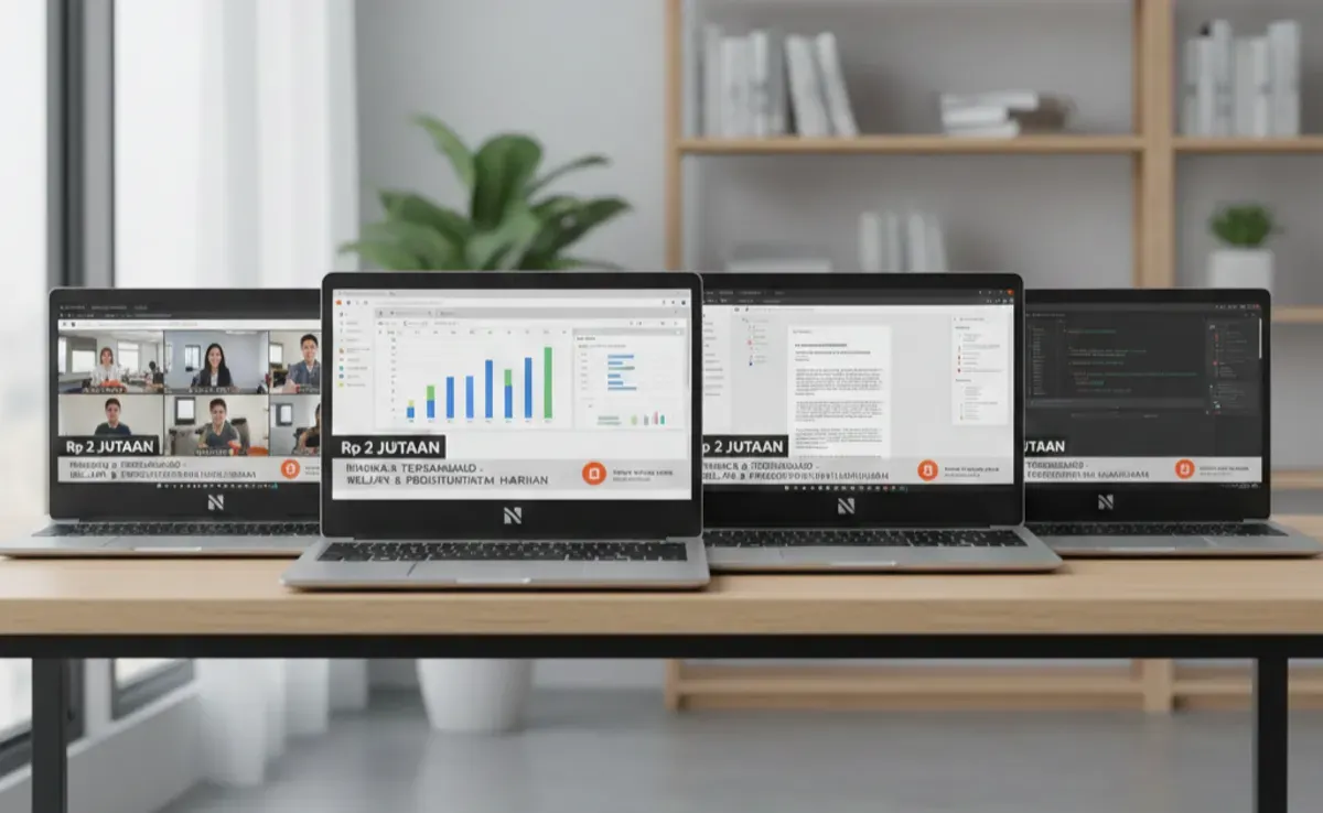Deretan laptop 14 inci Rp2 jutaan dari brand lokal—ringkas, terjangkau, dan cocok untuk kebutuhan belajar hingga produktivitas harian. (Sumber: Gemini AI)