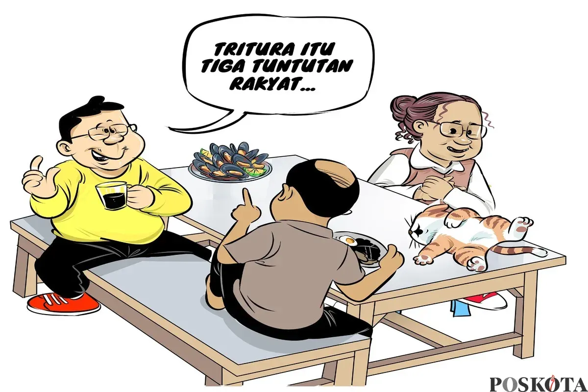 Ilustrasi obrolan warteg tiga sahabat membahas Tritura atau Tiga Tuntutan Rakyat, dikemas ringan sambil menikmati kopi dan hidangan sederhana. (Sumber: Poskota/Arif Setiadi)