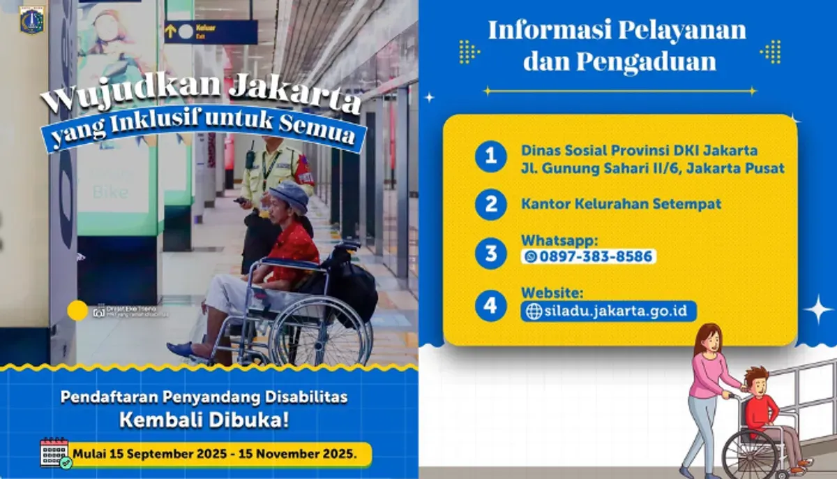 Pemprov DKI buka pendaftaran disabilitas 2025. Segera daftar untuk dapat manfaat Kartu Penyandang Disabilitas Jakarta (KPDJ) dengan tunjangan bulanan. (Sumber: Instagram/@dkijakarta, @dinsosdkijakarta)