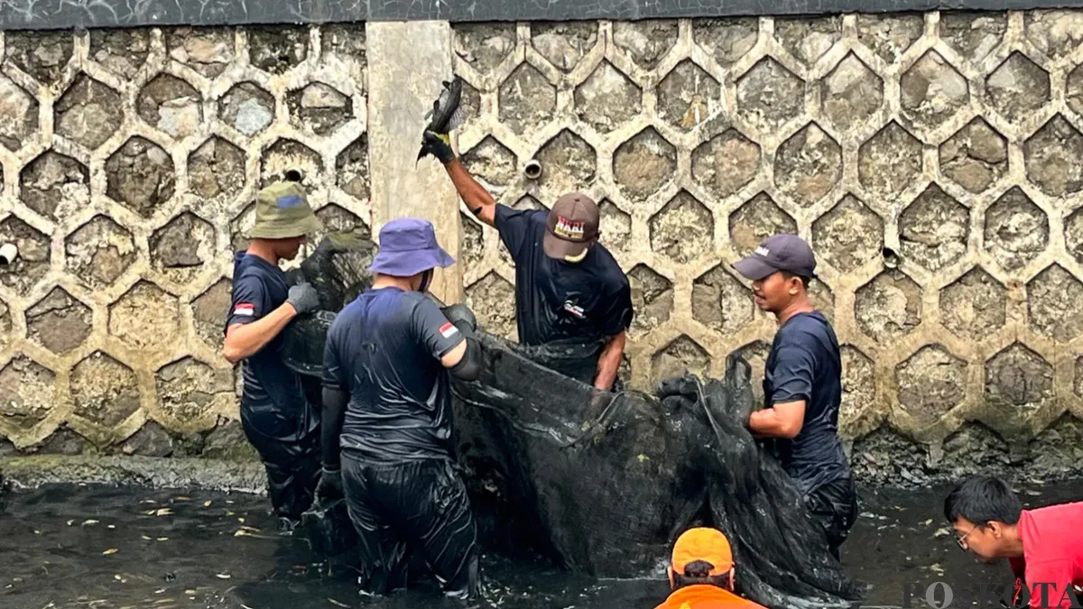 Petugas PPSU saat berburu ikan sapu-sapu di aliran kali RW 06, Janur Elok VI Blok QD9, Kelapa Gading, Jakarta Utara, Jumat, 17 April 2026. (Sumber: Poskota/M. Tegar Jihad)