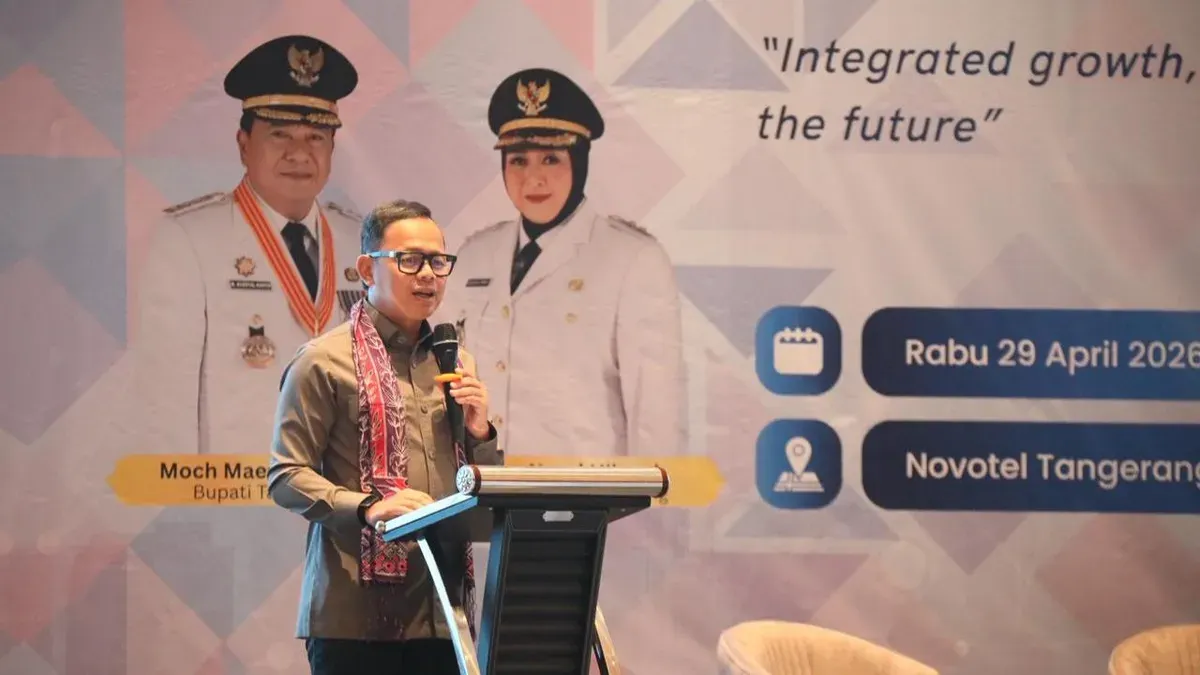 Wamendagri Bima Arya Sugiarto dalam Seminar Nasional Diskusi Aglomerasi Sustainable Aglo-City Summit 2026 di Novotel Tangerang BSD City, Kabupaten Tangerang, Banten, Rabu, 29 April 2026. (Sumber: Dok. Kemendagri)