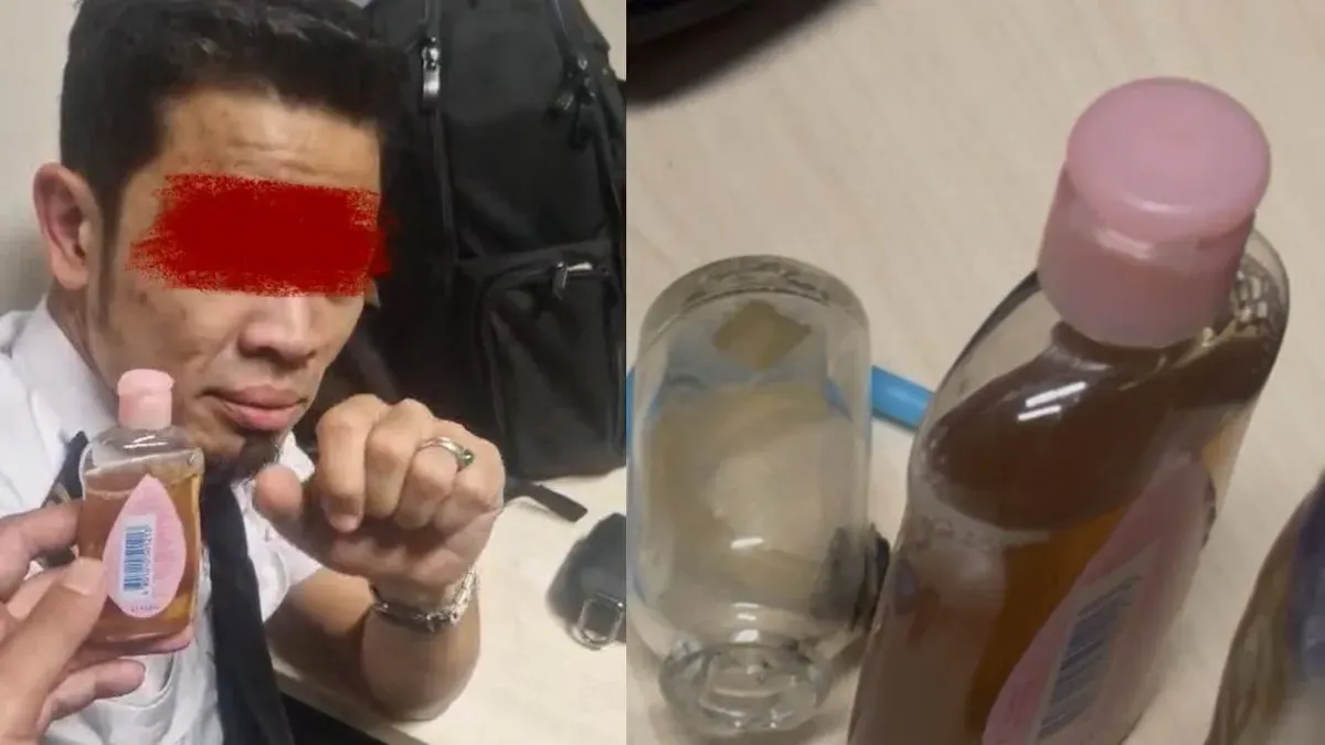 Pilot tersangka kurir narkoba membawa sebotol air urine bersih diduga untuk kelabui petugas. (Sumber: Dok. Istimewa)