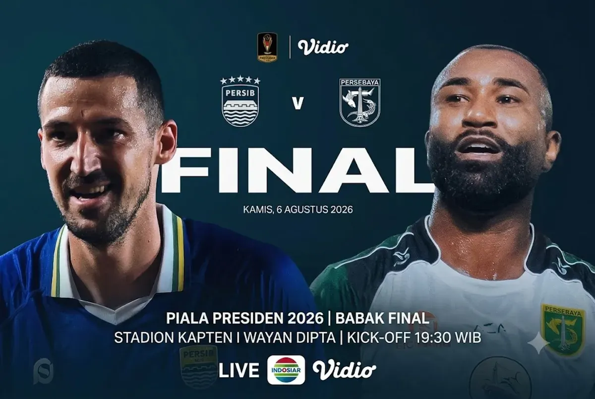Link live streaming Persib vs Persebaya di final Piala Presiden 2026, pada Kamis, 6 Agustus 2026, dengan kick-off pukul 20.00 WIB. (Sumber: X/@VidioSports)