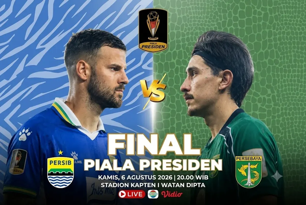 Final Piala Presiden 2026 mempertemukan Persib Bandung dan Persebaya Surabaya, pada Kamis, 6 Agustus 2026, mulai pukul 20.00 WIB. (Sumber: X/@0hbola)