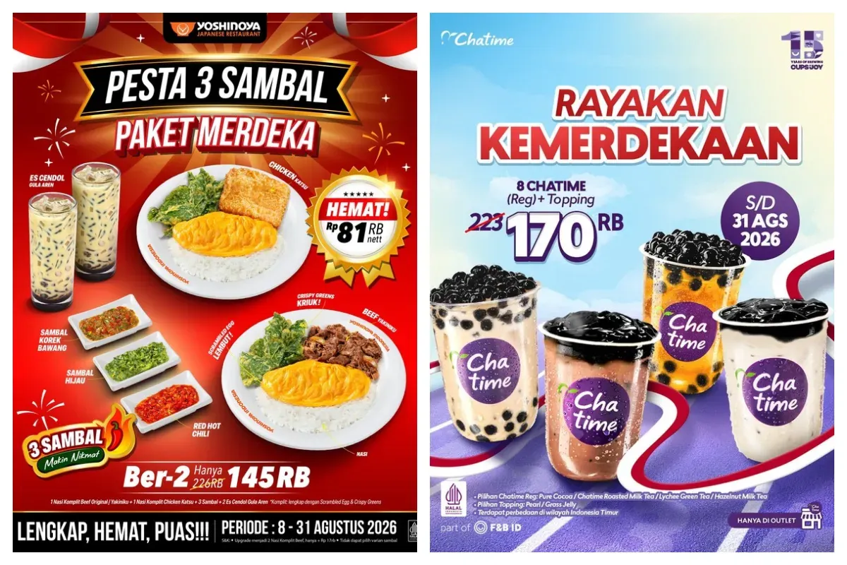 Daftar promo makanan dan minuman 17 Agustus 2026 hadir dari berbagai sejumlah restoran favorit. (Sumber: Instagram/@yoshinoyaid, @chatimeindo)
