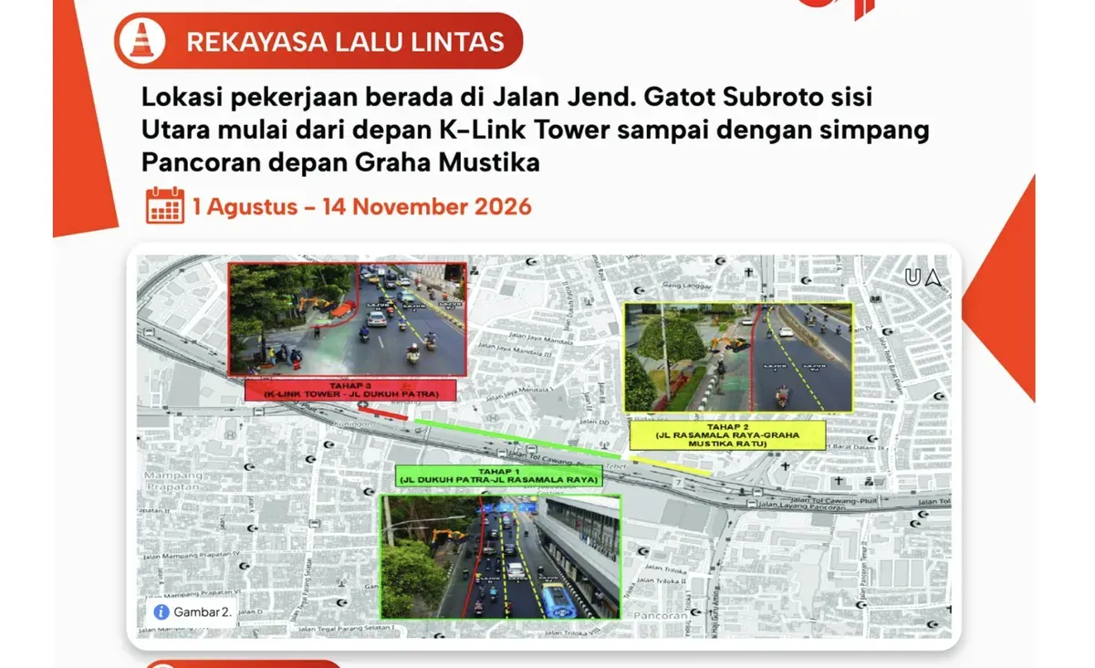 Separator jalur Transjakarta di Jalan Jenderal Gatot Subroto sisi utara digeser sementara untuk mendukung pekerjaan peningkatan trotoar dan rekayasa lalu lintas. (Sumber: Dishub Jakarta)