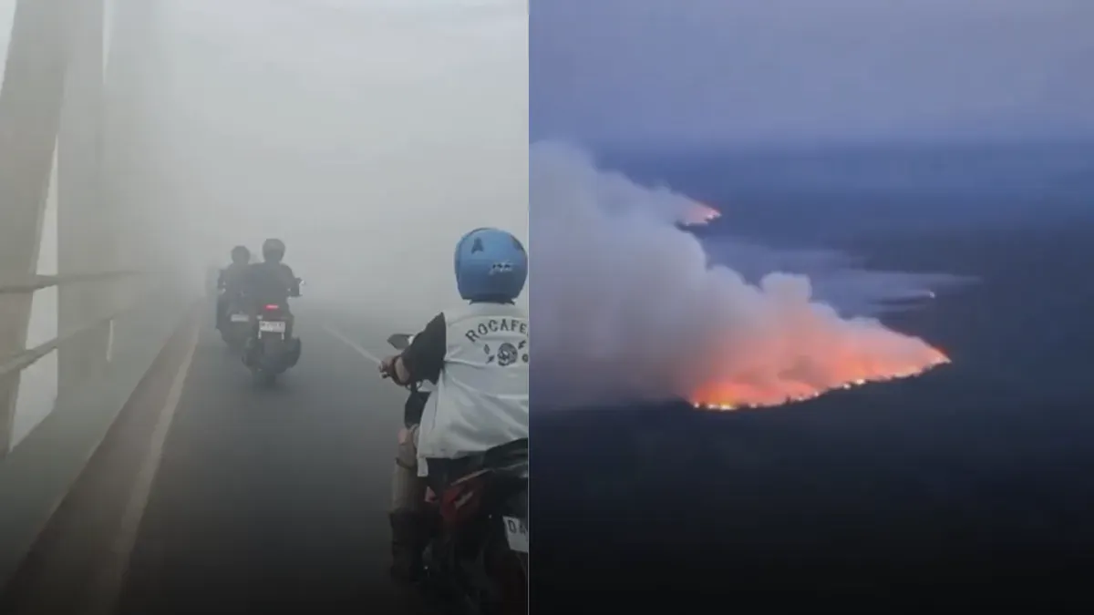 Kabut asap akibat kebakaran hutan dan lahan membuat jarak pandang warga di sejumlah wilayah Kalimantan menurun drastis hingga hanya beberapa meter. (Sumber: threads/@apluklat)
