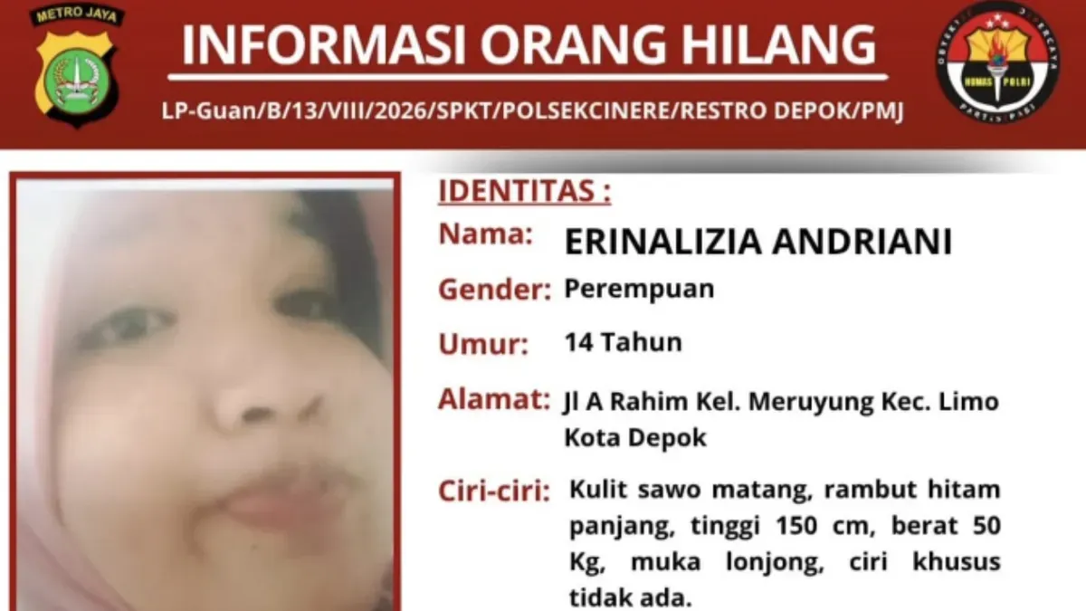Informasi orang hilang perempuan usia 14 tahun di Depok. (Sumber: Polsek Cinere)