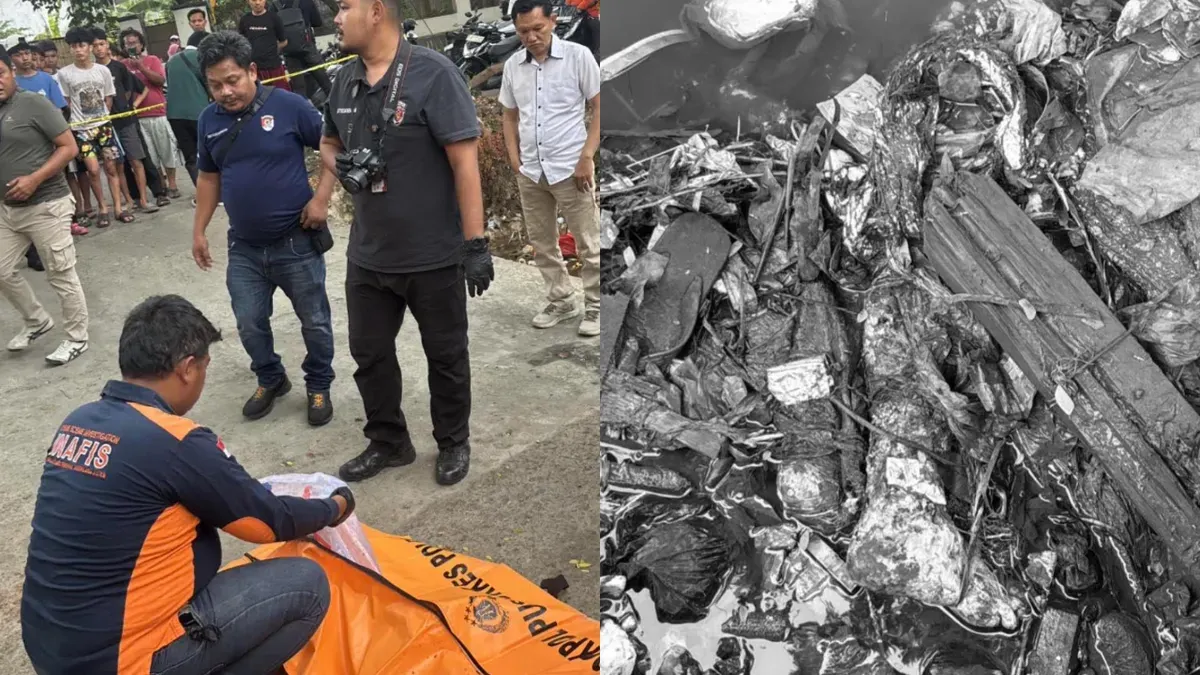 Polisi melakukan olah TKP temuan kaki di Kali Mampang, Pancoran Mas, Kota Depok diduga korban mutilasi Cipayung. (Sumber: Polres Metro Depok)