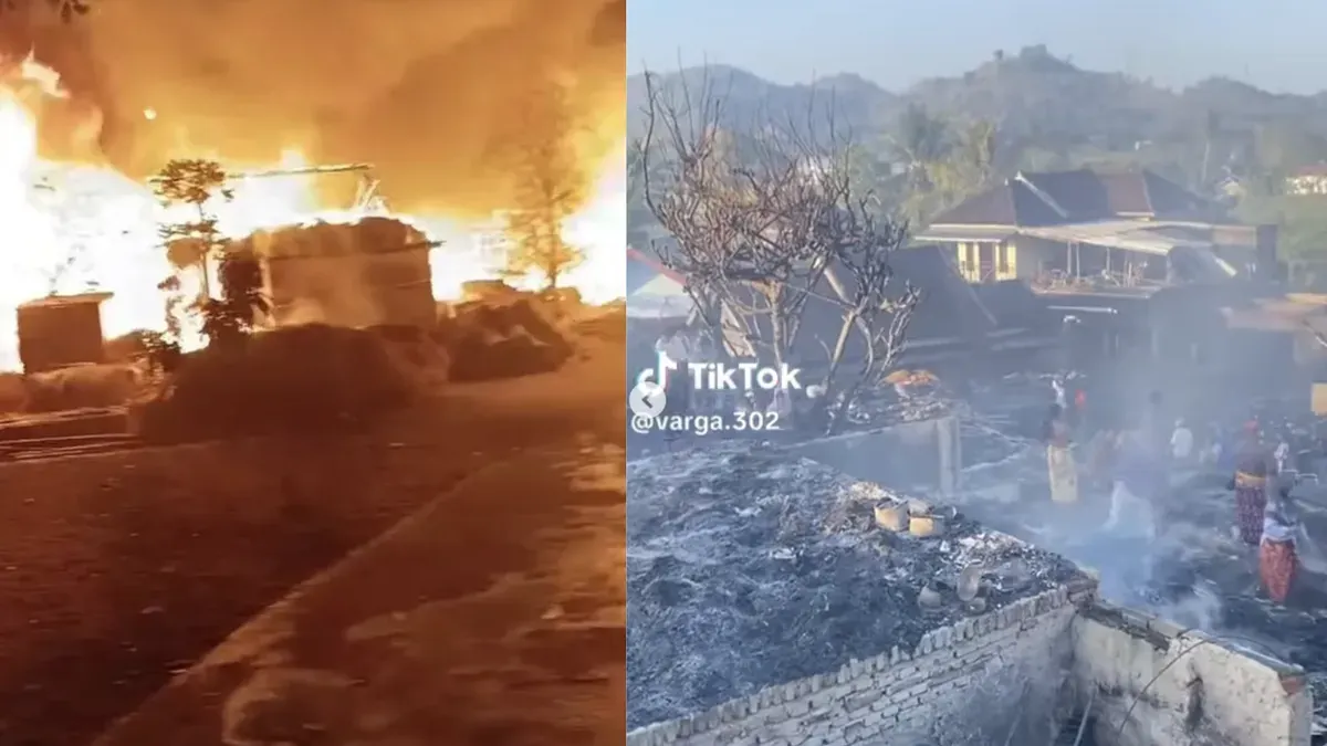 Kebakaran melanda kawasan permukiman Desa Adat Sade, Lombok Tengah, NTB, Sabtu (22/8) malam hingga menghanguskan sekitar 250 rumah adat. (Sumber: Tiktok/@varga.302)