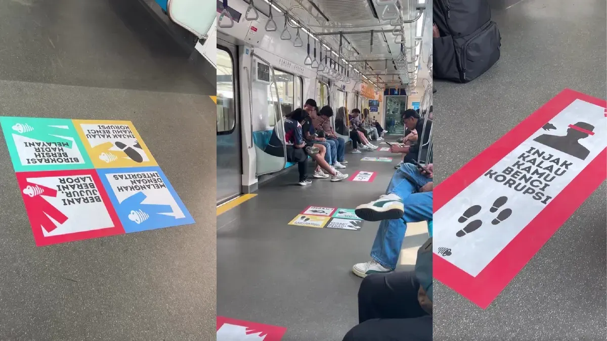 Stiker bertuliskan “Injak kalau kamu benci korupsi” di lantai MRT menjadi pesan sederhana untuk mengajak masyarakat menunjukkan sikap antikorupsi. (Sumber: Threads/@aswarww)