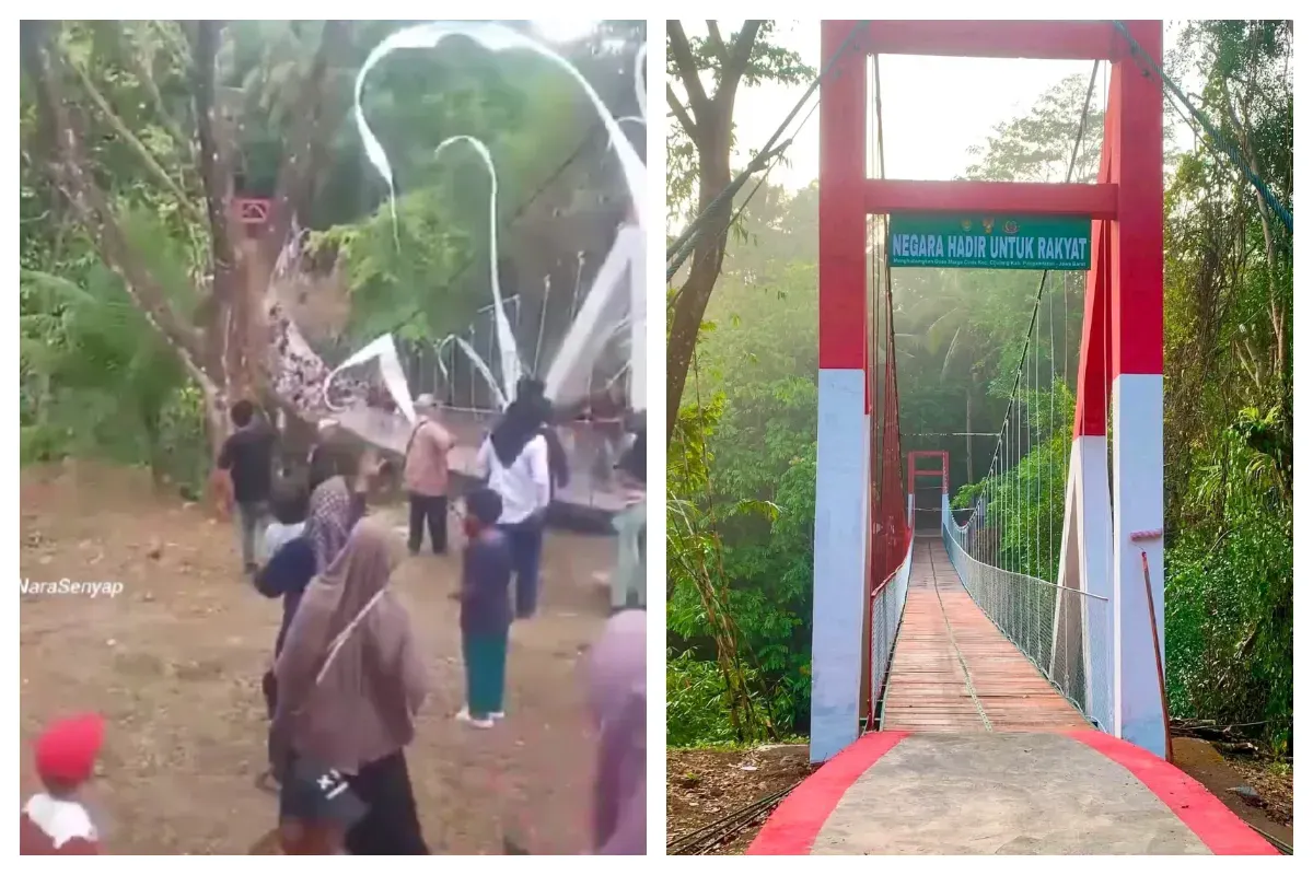 Kondisi Jembatan Gantung Pongpet setelah tali sling sisi kiri terlepas dan membuat badan jembatan menjadi miring. (Sumber: X/@NaraSenyap)