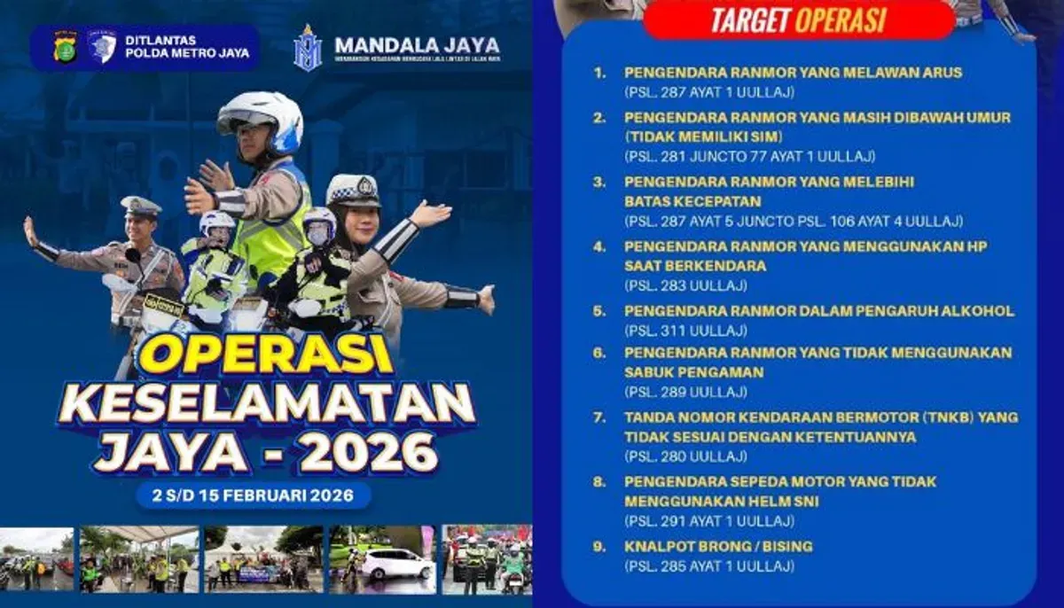 Operasi Keselamatan Jaya 2026 resmi dimulai hari ini, 2-15 Februari oleh Polda Metro Jaya, ini 9 pelanggaran utama dan titik lokasi razia di Jakarta. (Sumber: Instagram/@tmcpoldametro)