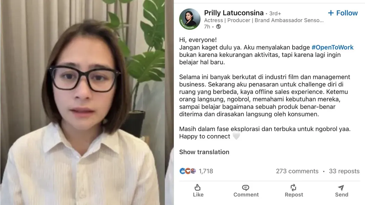 Prilly Latuconsina saat menyampaikan klarifikasi melalui video di akun media sosialnya, menanggapi polemik “Open to Work” yang ramai dibahas publik. (Sumber: Instagram/@prilylatuconsina96)