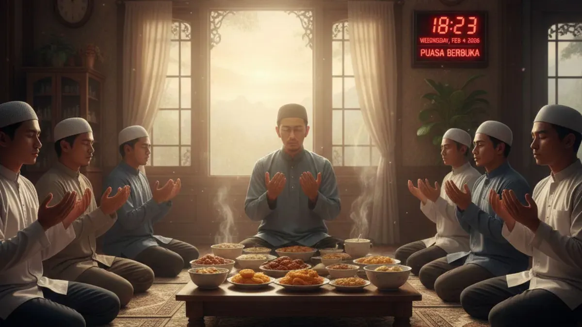 Umat muslim menengadahkan tangan berdoa menjelang waktu berbuka puasa pada bulan Ramadhan. (Sumber: Gemini AI)