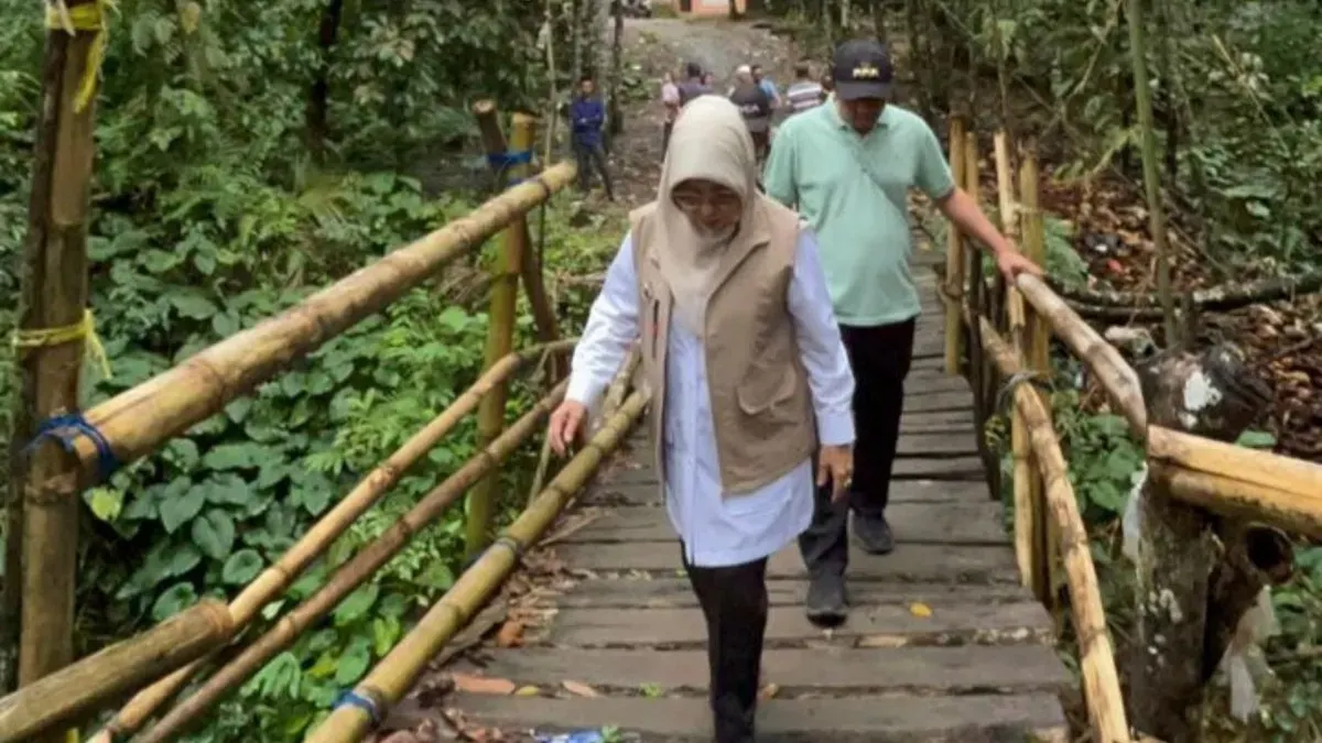 Bupati Pandeglang, Dewi Setiani meninjau kondisi jembatan kayu di Desa Citaman, Kecamatan Jiput. (Sumber: Dok. Setda Pandeglang)