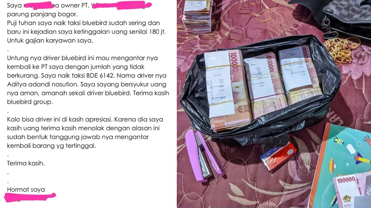 Tangkapan layar unggahan pelanggan yang menceritakan kejujuran driver Bluebird BDE 6142, Aditya Adandi Nasution, setelah mengembalikan uang Rp180 juta yang tertinggal di dalam taksinya. (Sumber: Threads/@martin.ml.pasaribu)