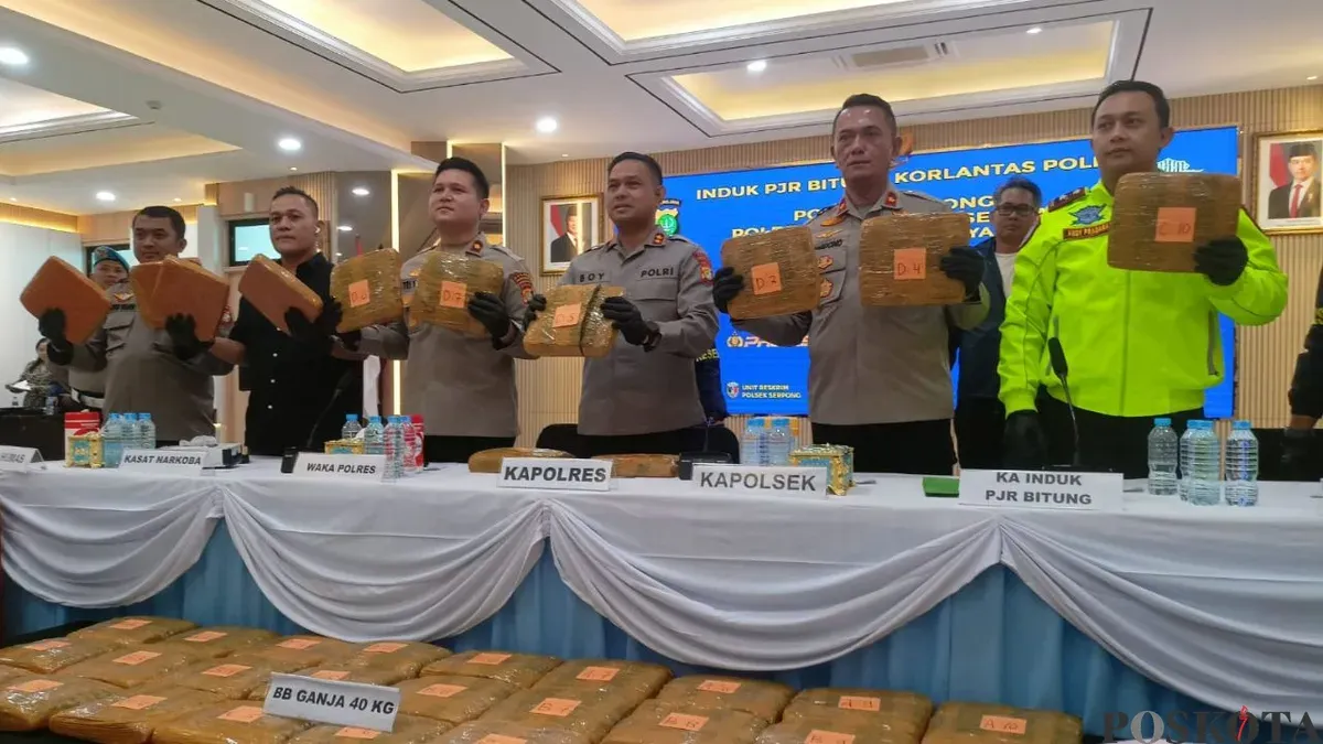 Jumpa pers pengungkapan ganja 40 kg di Mapolres Tangerang Selatan, Rabu, 18 Februari 2026. (Sumber: Poskota/Veronica Prasetio)