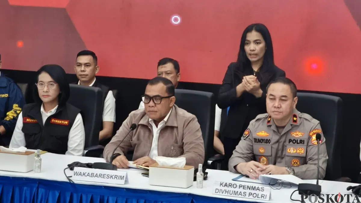 Jumpa pers Direktorat Tindak Pidana PPA serta Tindak PPO Bareskrim Polri terkait praktik perdagangan orang dengan modus jual beli bayi, Rabu, 25 Februari 2026. (Sumber: Poskota/Ali Mansur)