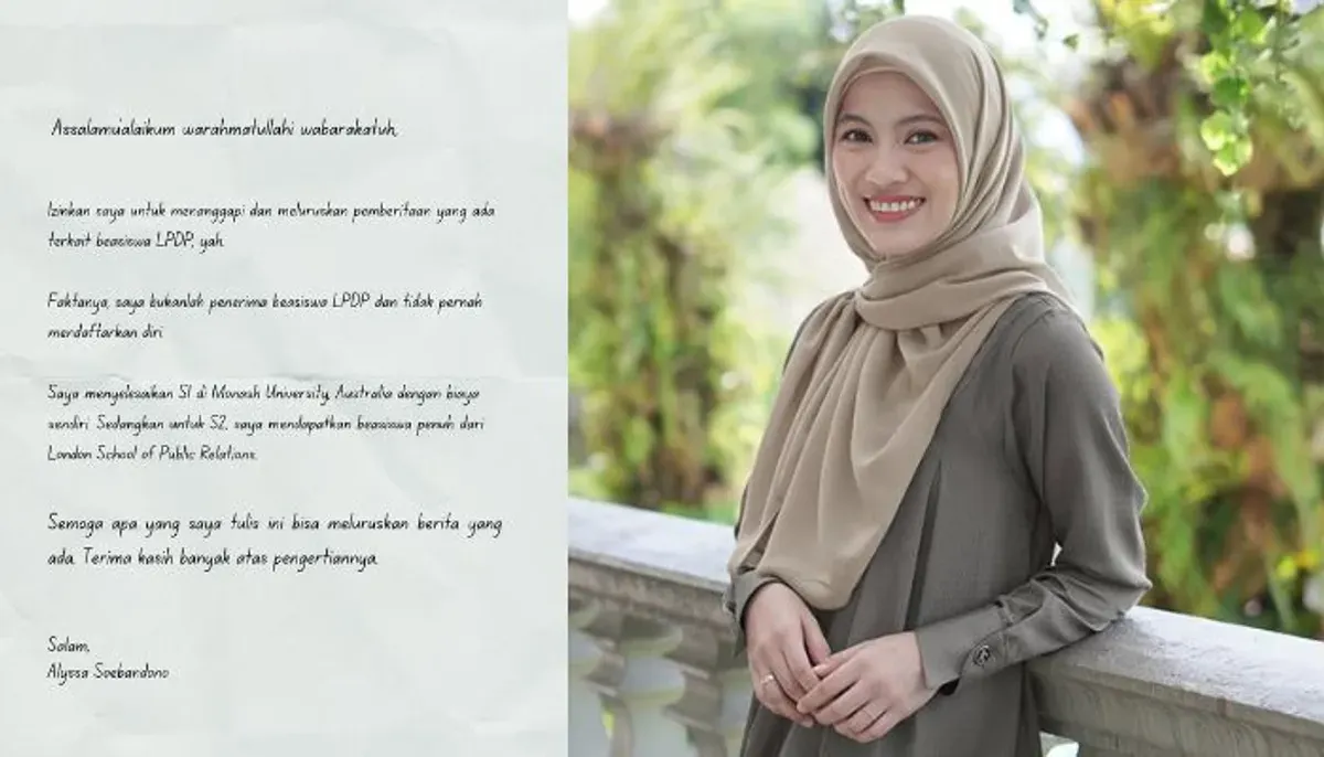 Alyssa Soebandono membantah sebagai penerima LPDP. Ia memastikan tidak pernah mendaftar program beasiswa pemerintah tersebut.