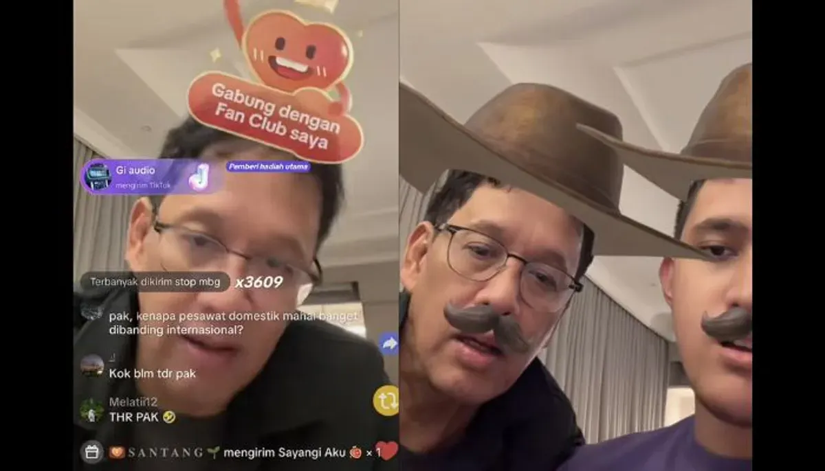 Momen Menkeu Purbaya tampil santai saat live TikTok bersama anaknya Yuda Purboyo berujung disawer warganet. (Sumber: TikTok/@waaveee.id)