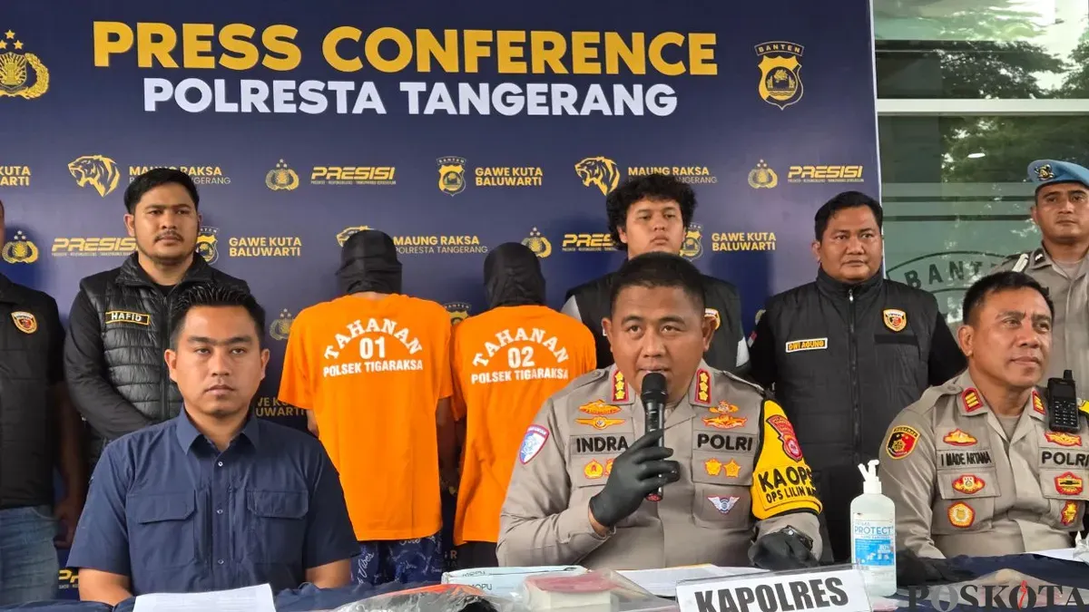 Kapolresta Tangerang, Kombes Pol Andi Muhammad Indra Waspada melakukan press release ungkap kasus pembunuhan. (Sumber: Poskota/Veronica Prasetio)