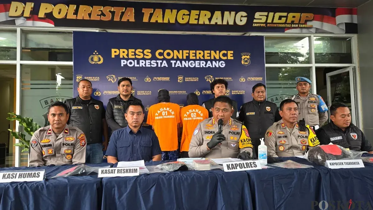 Kapolresta Tangerang, Kombes Pol Andi Muhammad Indra Waspada melakukan press release ungkap kasus pembunuhan. (Sumber: Poskota/Veronica Prasetio)