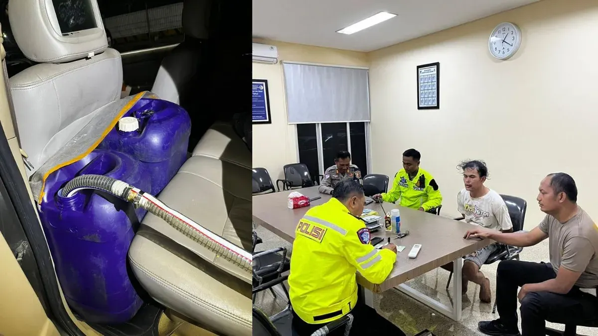 Aparat kepolisian menangkap seorang pria berinisial DP (23) karena diduga mengangkut bahan bakar minyak (BBM) jenis solar bersubsidi secara ilegal di Rest Area KM 21B Tol Jagorawi, Bogor, pada Minggu, 4 Januari 2026 malam. (Sumber: Dok. Polres Depok)