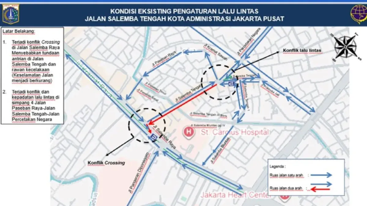 Ilustrasi uji coba rekayasa lalu lintas di Jalan Salemba Tengah, Jakarta Pusat. (Sumber: Instagram/@dishubdkijakarta)