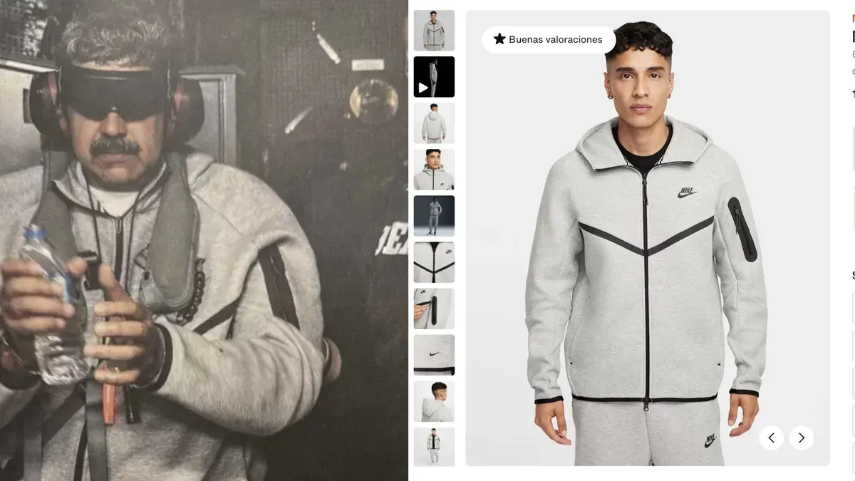 Presiden Venezuela Nicolas Maduro mengenakan tracksuit abu-abu saat dibawa menuju New York City, memicu viralitas global dan perdebatan simbolik. (Sumber: Dok/@truthsocial, @nike)