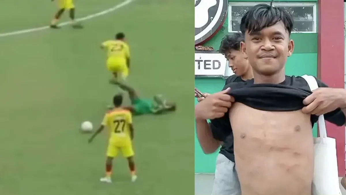 Momen evakuasi Firman Nugraha setelah insiden benturan keras dalam pertandingan Liga 4 Jawa Timur yang memicu sorotan publik terhadap sportivitas pemain. (Sumber: Dok/PSSI Jawa Timur)