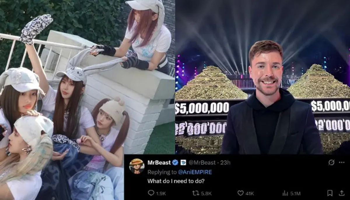 Fans NewJeans ramai menyerukan MrBeast untuk membeli HYBE setelah Danielle keluar dari grup. Responsnya jadi sorotan. (Sumber: Instagram/@newjeans_official @mrbeast)