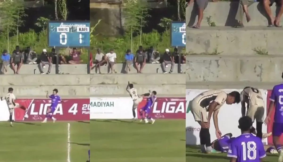 Video viral tendangan berbahaya pemain KAFI Jogja ke wajah pemain UAD FC di Liga 4. (Sumber: X/@gilabola_ina)