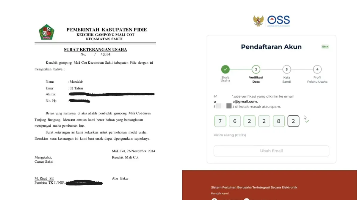 Contoh SKU di kantor kelurahan sebagai syarat pengajuan Kredit Usaha Rakyat (KUR) BRI dan web oss.go.id untuk pembuatan NIB (Sumber: Dok/oss.go.id dan accurate.id)