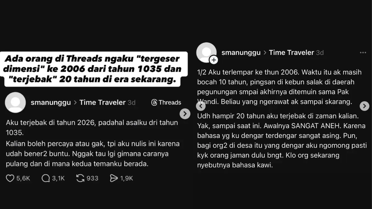 Tangkapan layar utas Akun Smanunggu di Threads yang mengklaim sebagai penjelajah waktu dari tahun 1035 Masehi dan viral di media sosial. (Sumber: Instagram/@skrinsit)